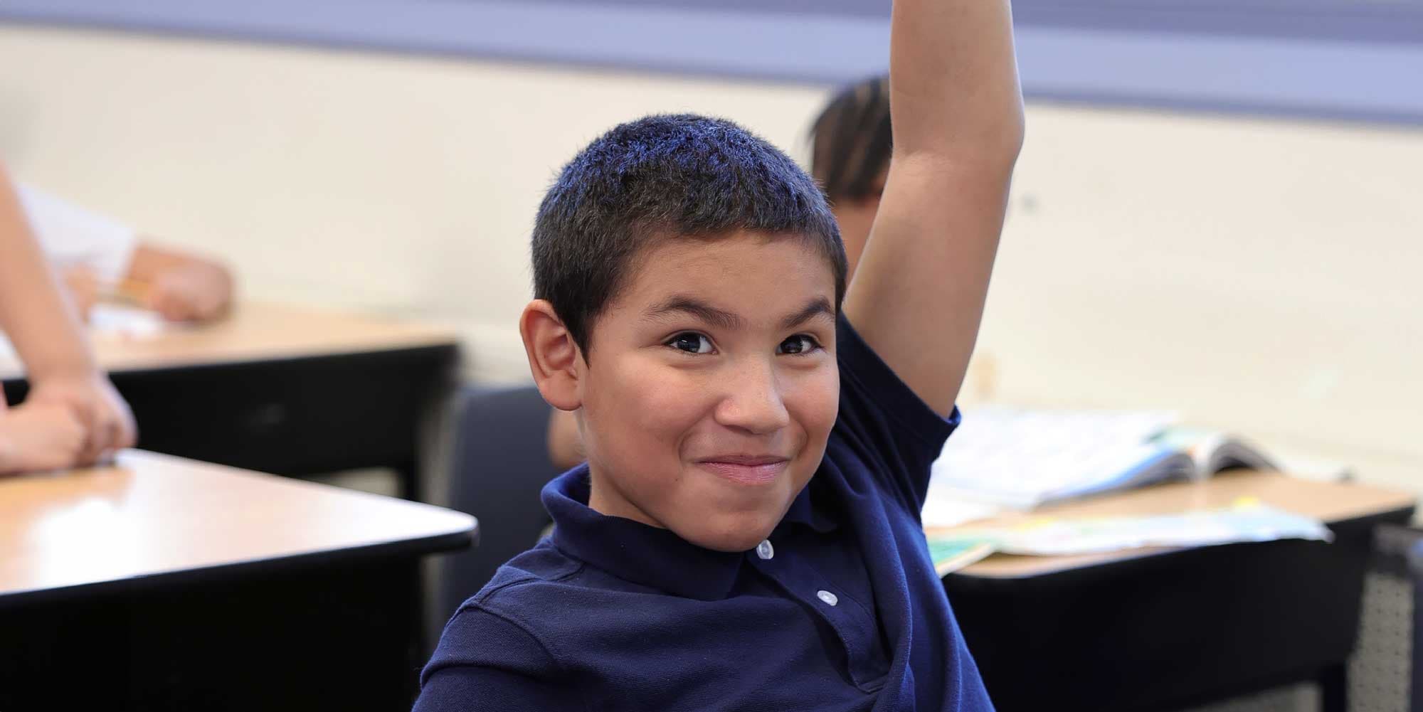 Smiling student in a navy polo raising a hand in class.